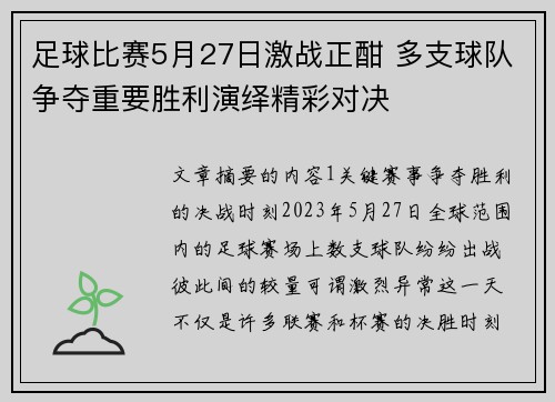 足球比赛5月27日激战正酣 多支球队争夺重要胜利演绎精彩对决