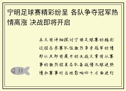 宁明足球赛精彩纷呈 各队争夺冠军热情高涨 决战即将开启