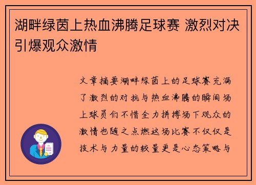 湖畔绿茵上热血沸腾足球赛 激烈对决引爆观众激情
