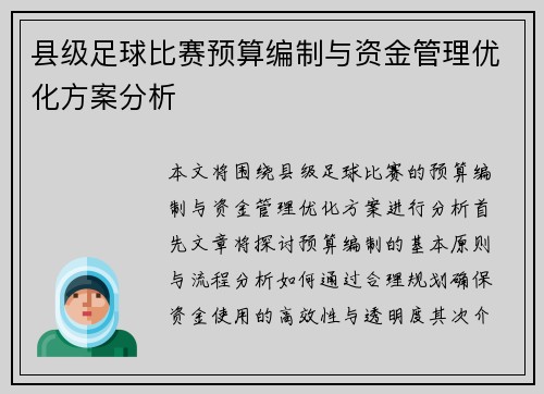 县级足球比赛预算编制与资金管理优化方案分析