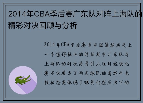 2014年CBA季后赛广东队对阵上海队的精彩对决回顾与分析