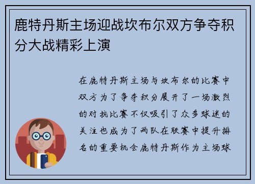 鹿特丹斯主场迎战坎布尔双方争夺积分大战精彩上演