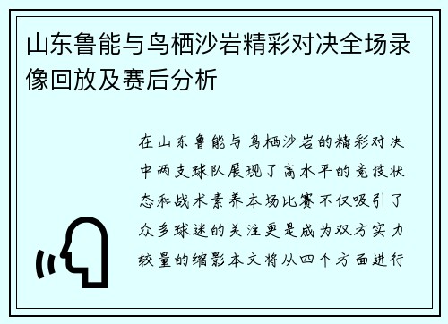 山东鲁能与鸟栖沙岩精彩对决全场录像回放及赛后分析