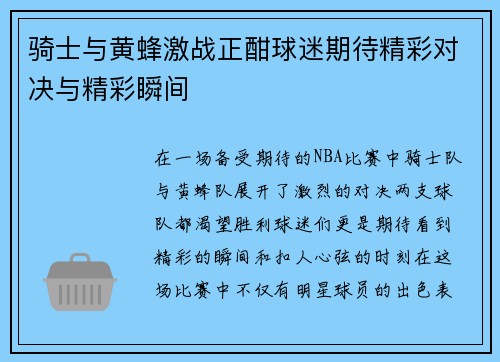骑士与黄蜂激战正酣球迷期待精彩对决与精彩瞬间