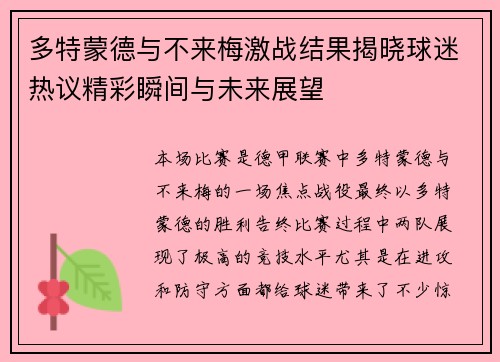 多特蒙德与不来梅激战结果揭晓球迷热议精彩瞬间与未来展望