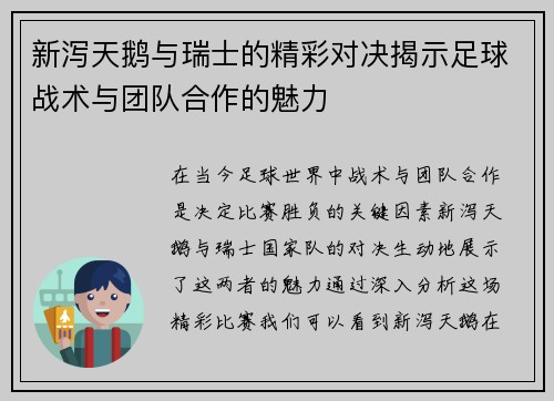 新泻天鹅与瑞士的精彩对决揭示足球战术与团队合作的魅力