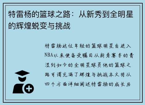 特雷杨的篮球之路:从新秀到全明星的辉煌蜕变与挑战
