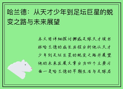 哈兰德:从天才少年到足坛巨星的蜕变之路与未来展望