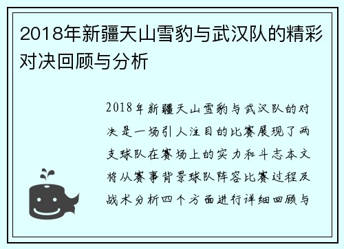 2018年新疆天山雪豹与武汉队的精彩对决回顾与分析