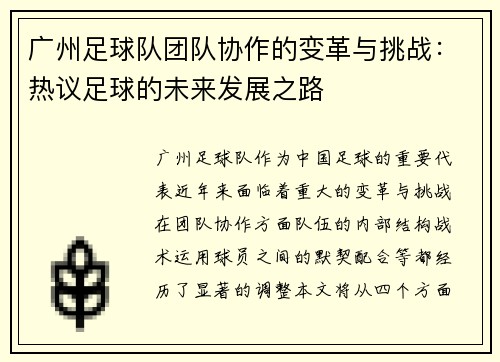 广州足球队团队协作的变革与挑战：热议足球的未来发展之路
