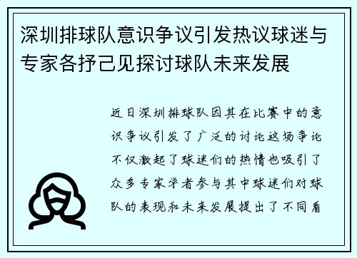 深圳排球队意识争议引发热议球迷与专家各抒己见探讨球队未来发展