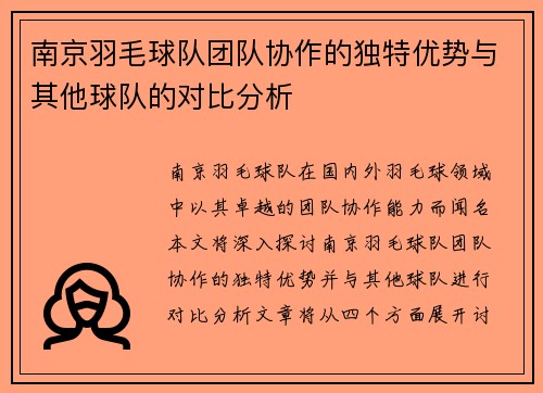 南京羽毛球队团队协作的独特优势与其他球队的对比分析