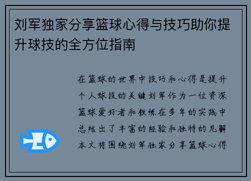 刘军独家分享篮球心得与技巧助你提升球技的全方位指南