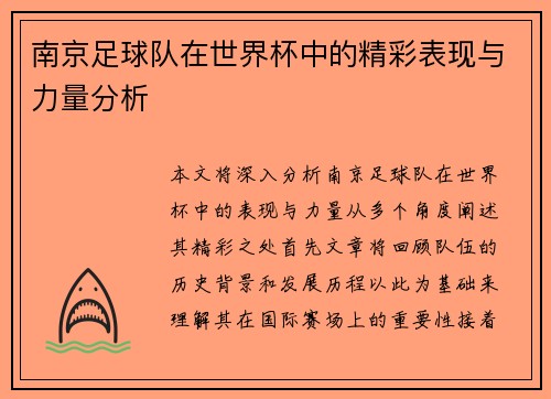 南京足球队在世界杯中的精彩表现与力量分析