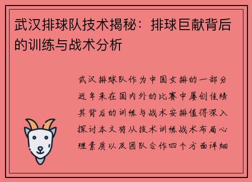 武汉排球队技术揭秘：排球巨献背后的训练与战术分析